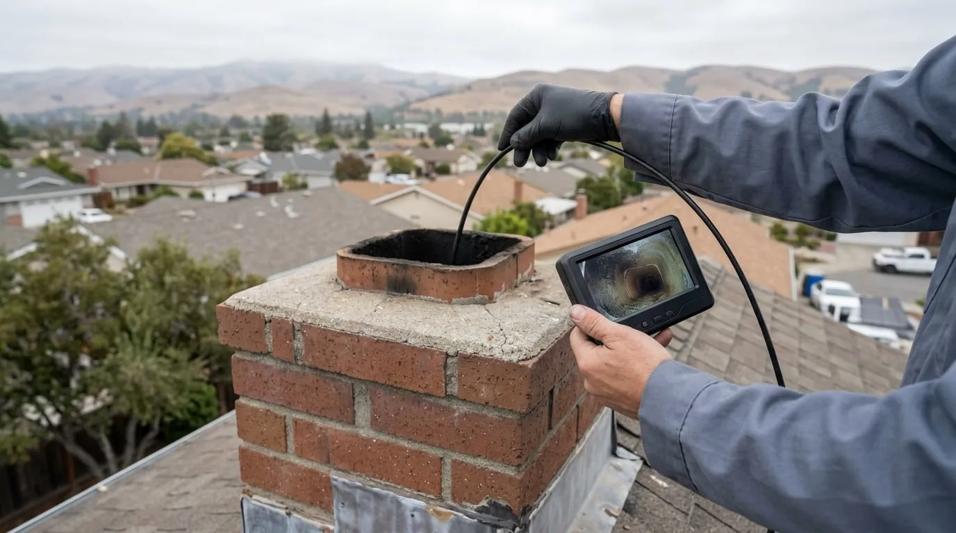 A flexible-rod inspection camera lowered into a flue while a technician watches the live feed on a handheld monitor