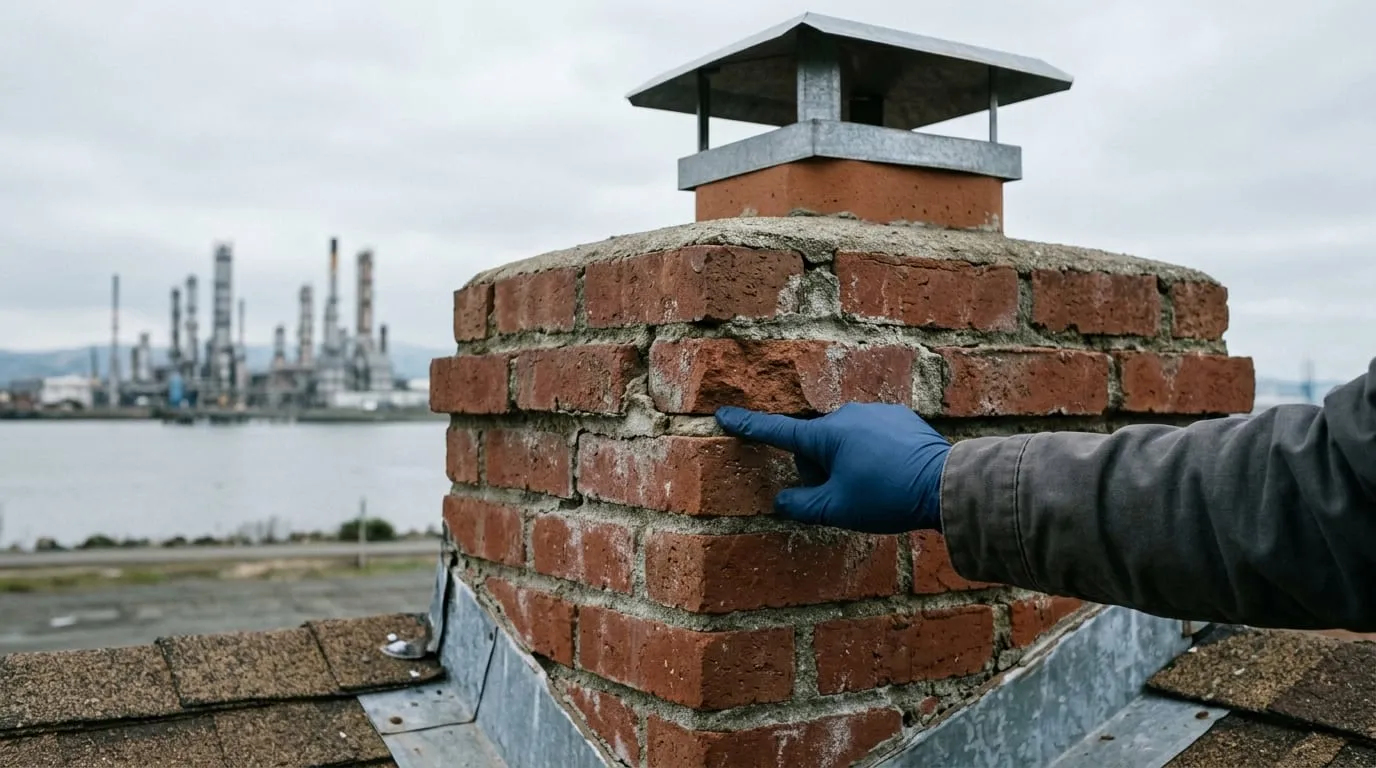 A technician inspecting weathered brick mortar joints on an older waterfront-corridor home near Martinez, industrial refinery stacks visible in the distance
