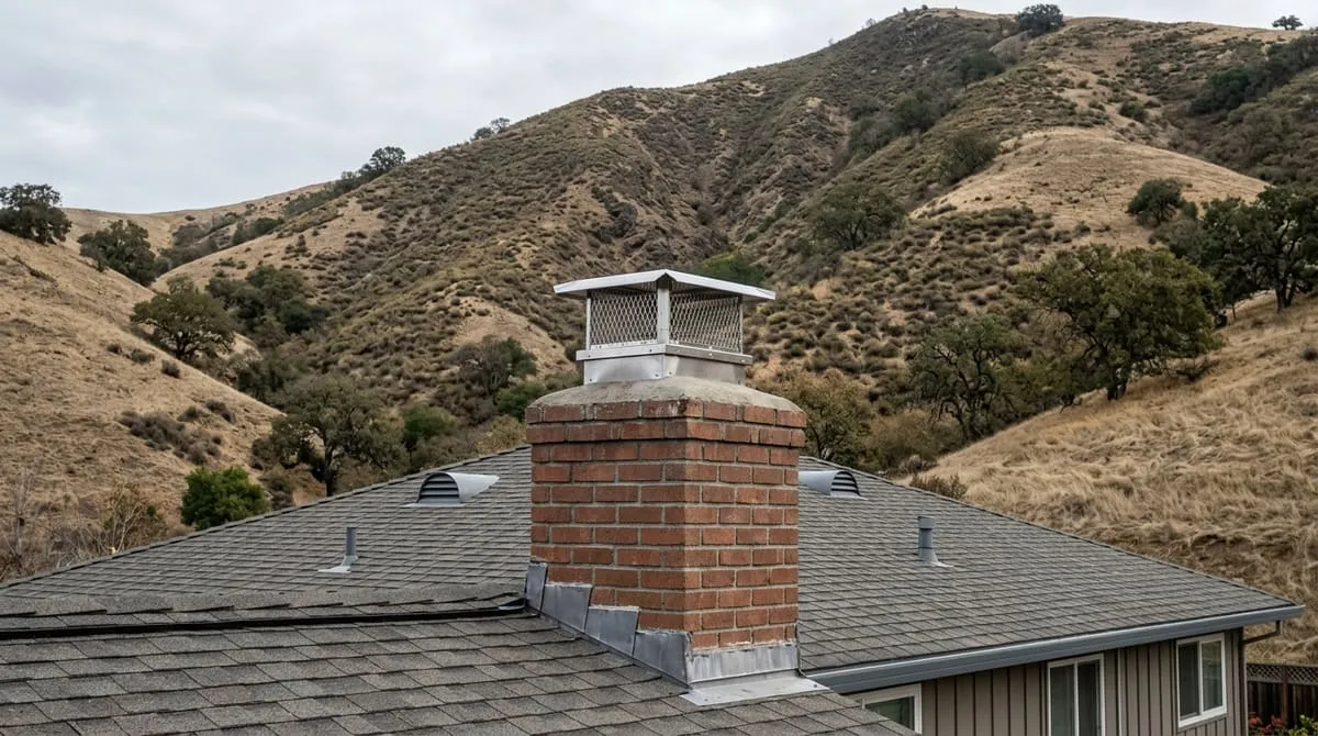 A chimney cap on a hillside Clayton home with the slopes of Mount Diablo rising directly behind the roofline