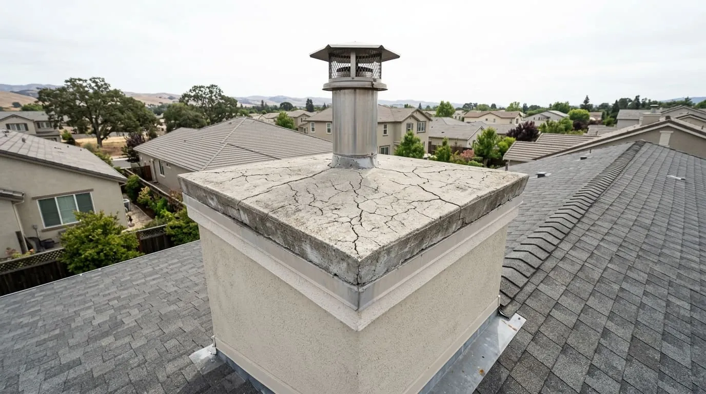 A sun-cracked concrete chimney crown on a Concord-area home, hairline fractures visible in bright afternoon light