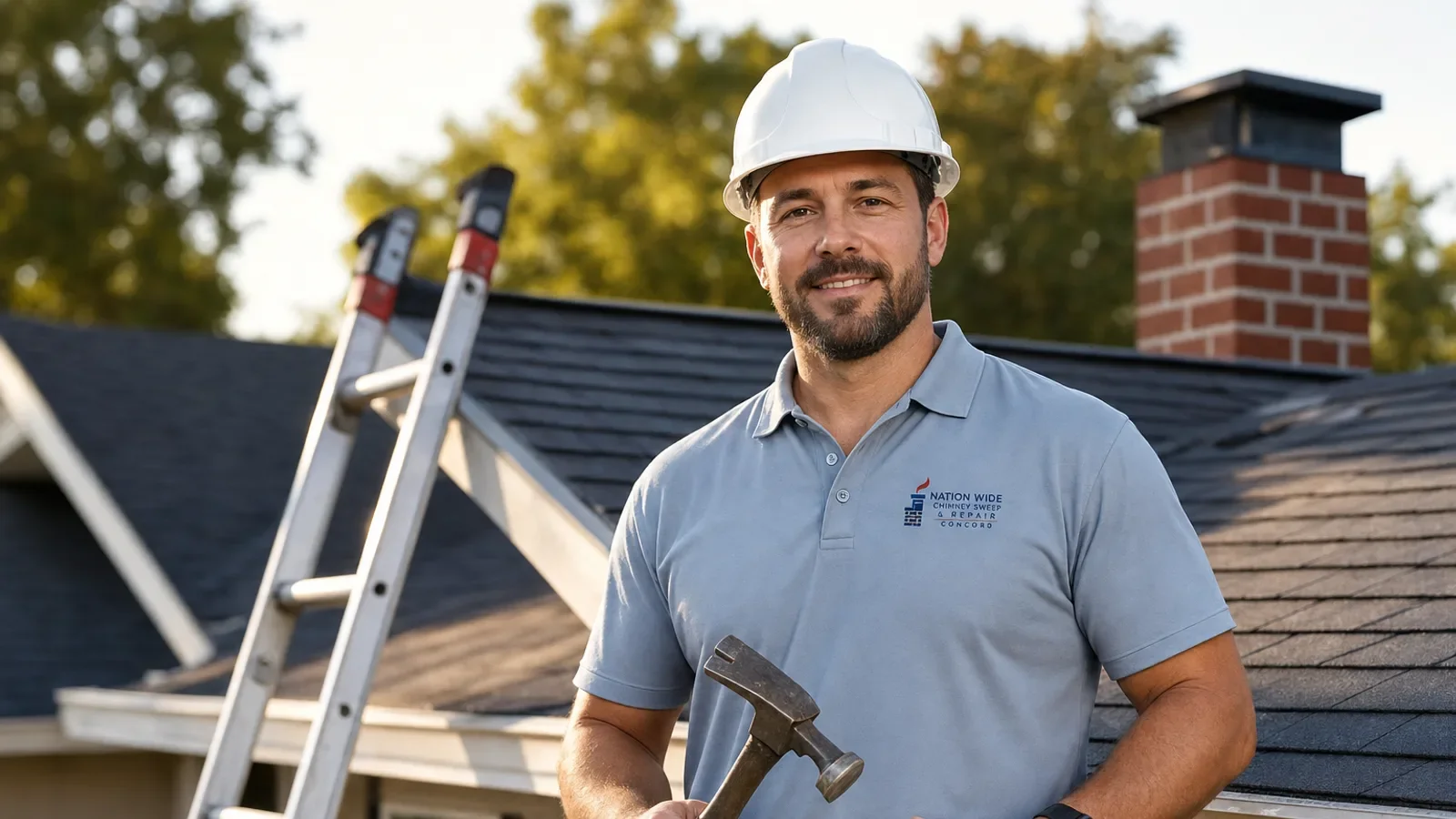 Professional chimney sweep contractor posing on residential roofline with tools.
