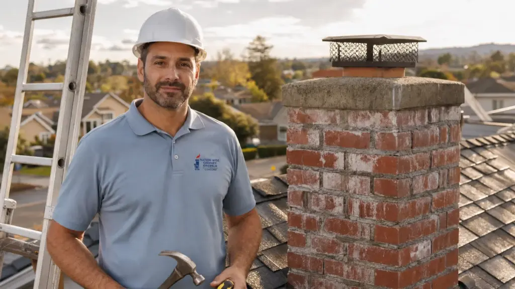 Professional chimney sweep poses on residential rooftop with brick chimney and tools.