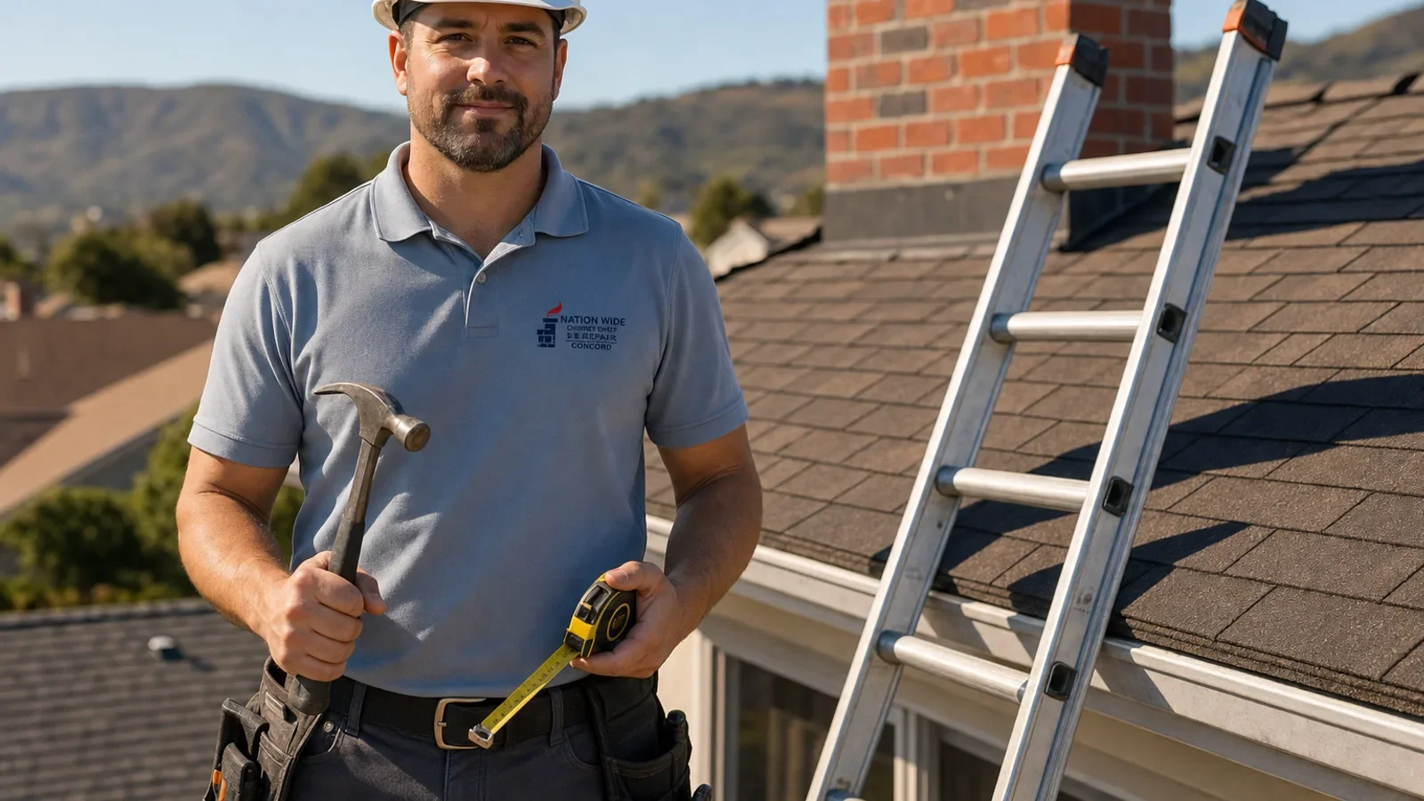 Professional roofer with tools and ladder on residential roofing project.