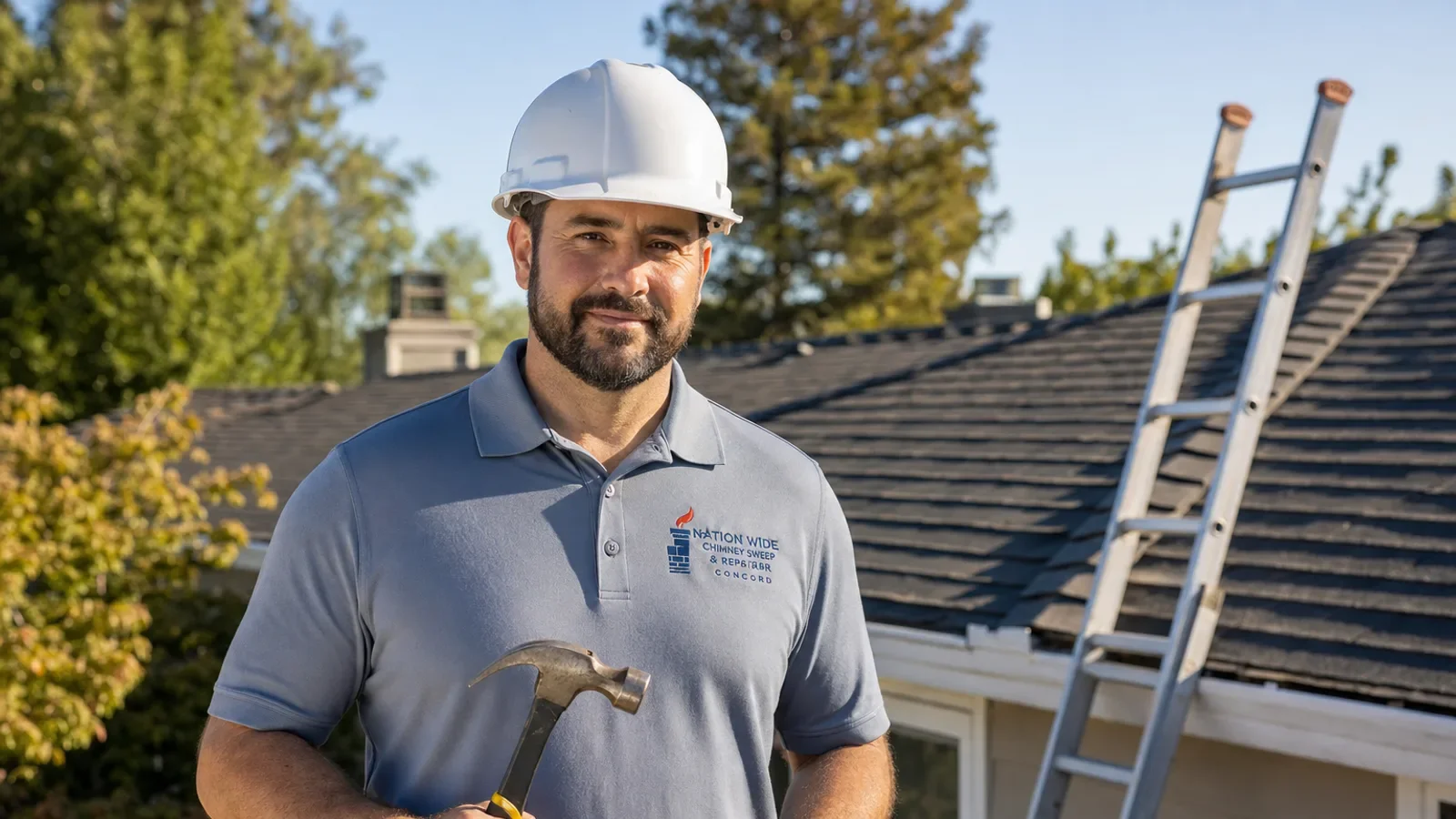 Professional roofer in hard hat holding hammer on residential rooftop job site.