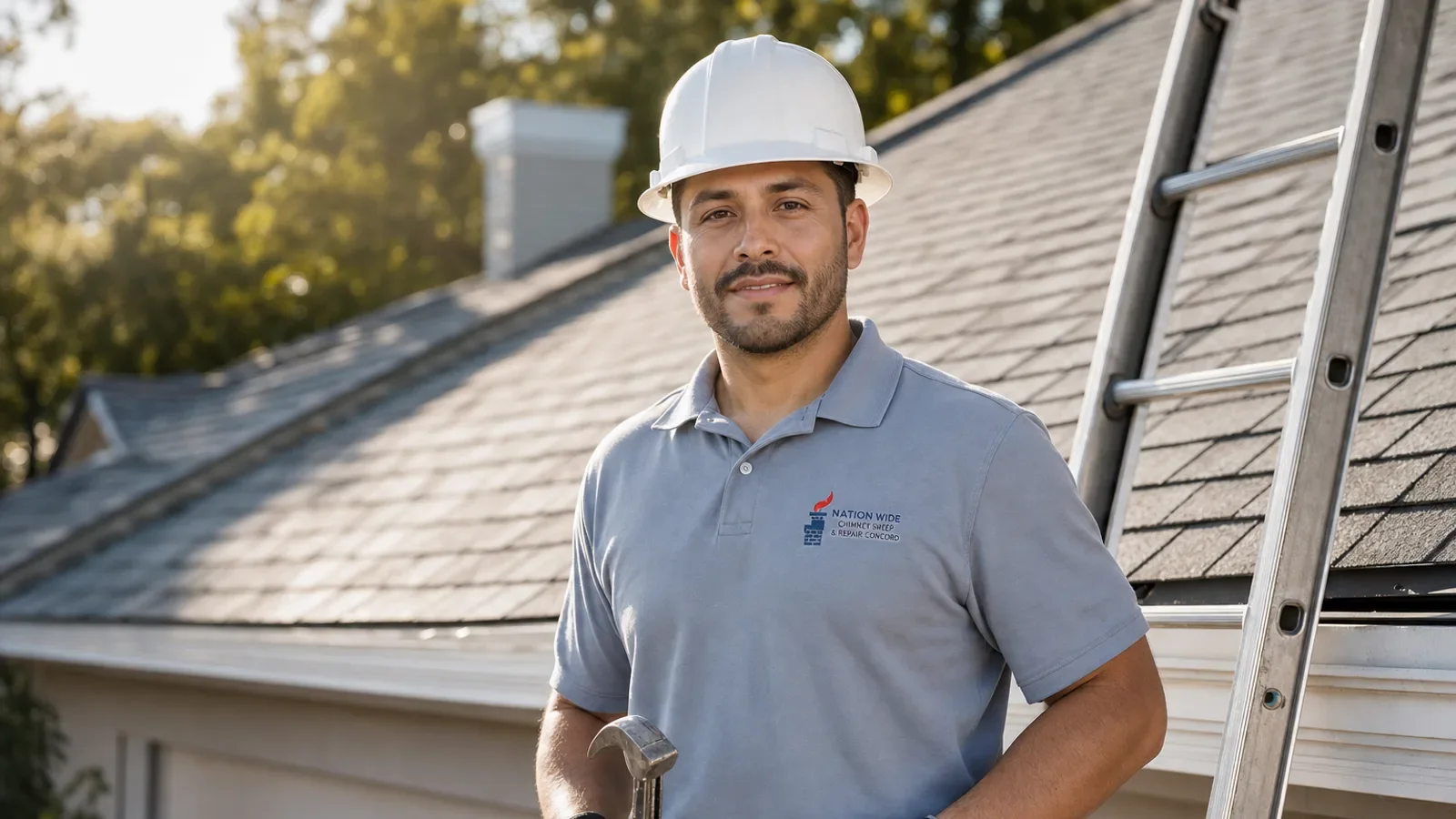 Professional roofer in hard hat holding hammer on residential roofing job site.