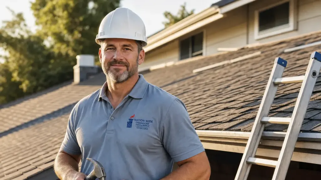 Professional roofer on residential job site with hard hat and work shirt
