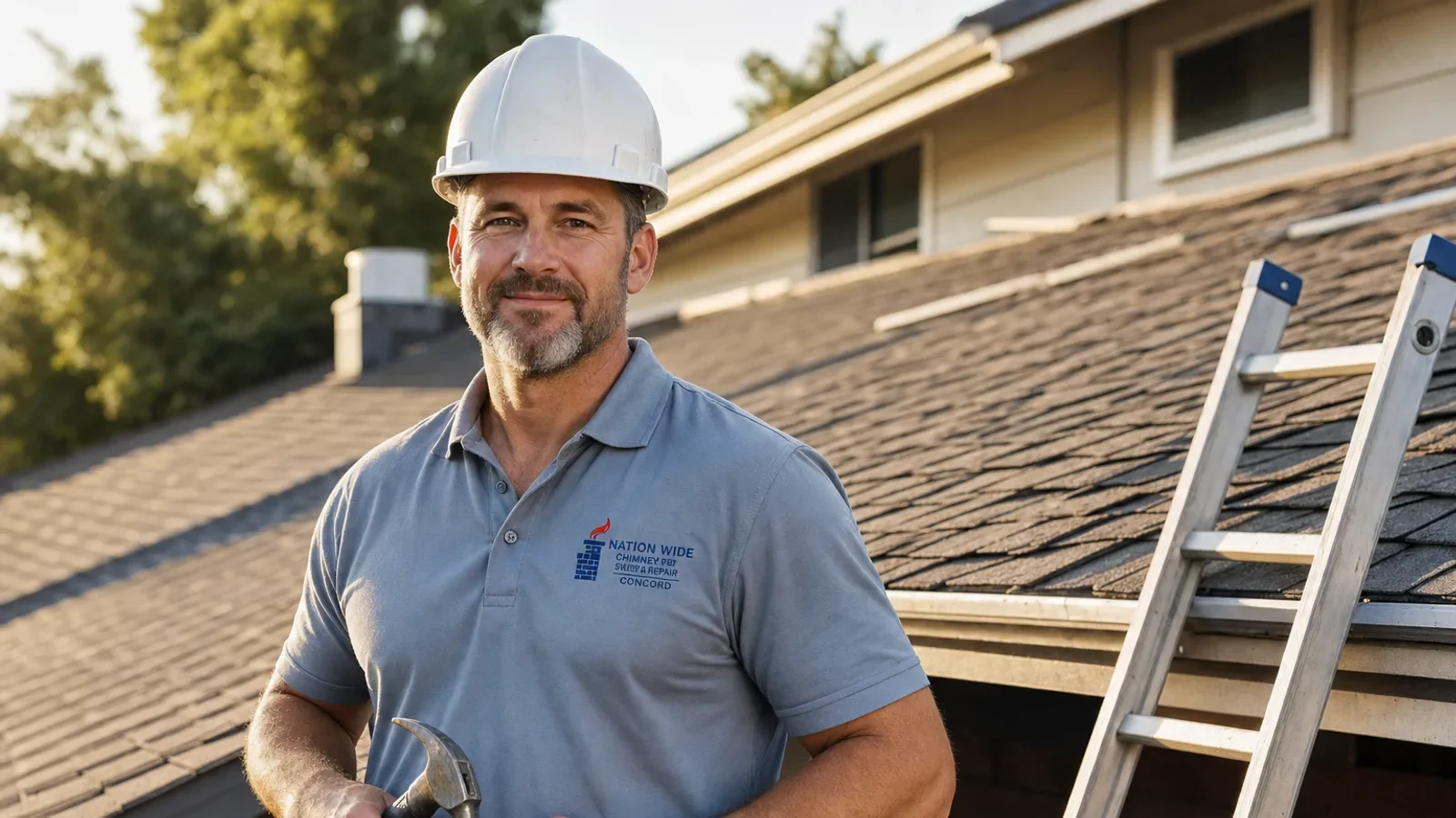 Professional roofer on residential job site with hard hat and work shirt