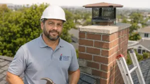 Professional chimney sweep contractor poses on residential rooftop with brick chimney.