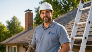 Professional roofer on residential job site with ladder and chimney visible.