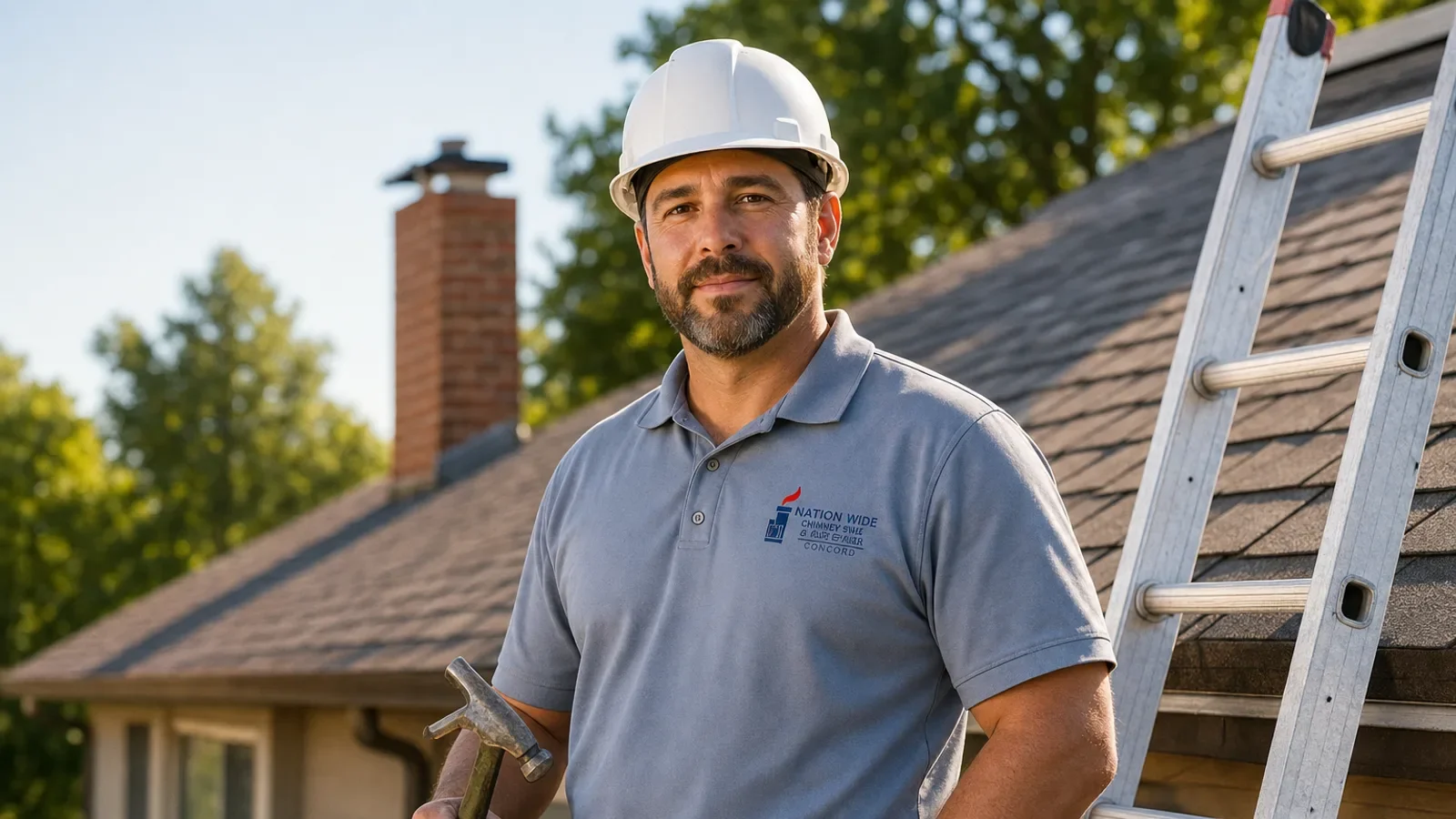 Professional roofer on residential job site with ladder and chimney visible.