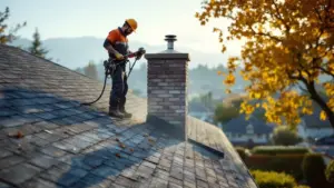 Professional roofer cleaning and maintaining asphalt shingles on residential roof with mountain backdrop.