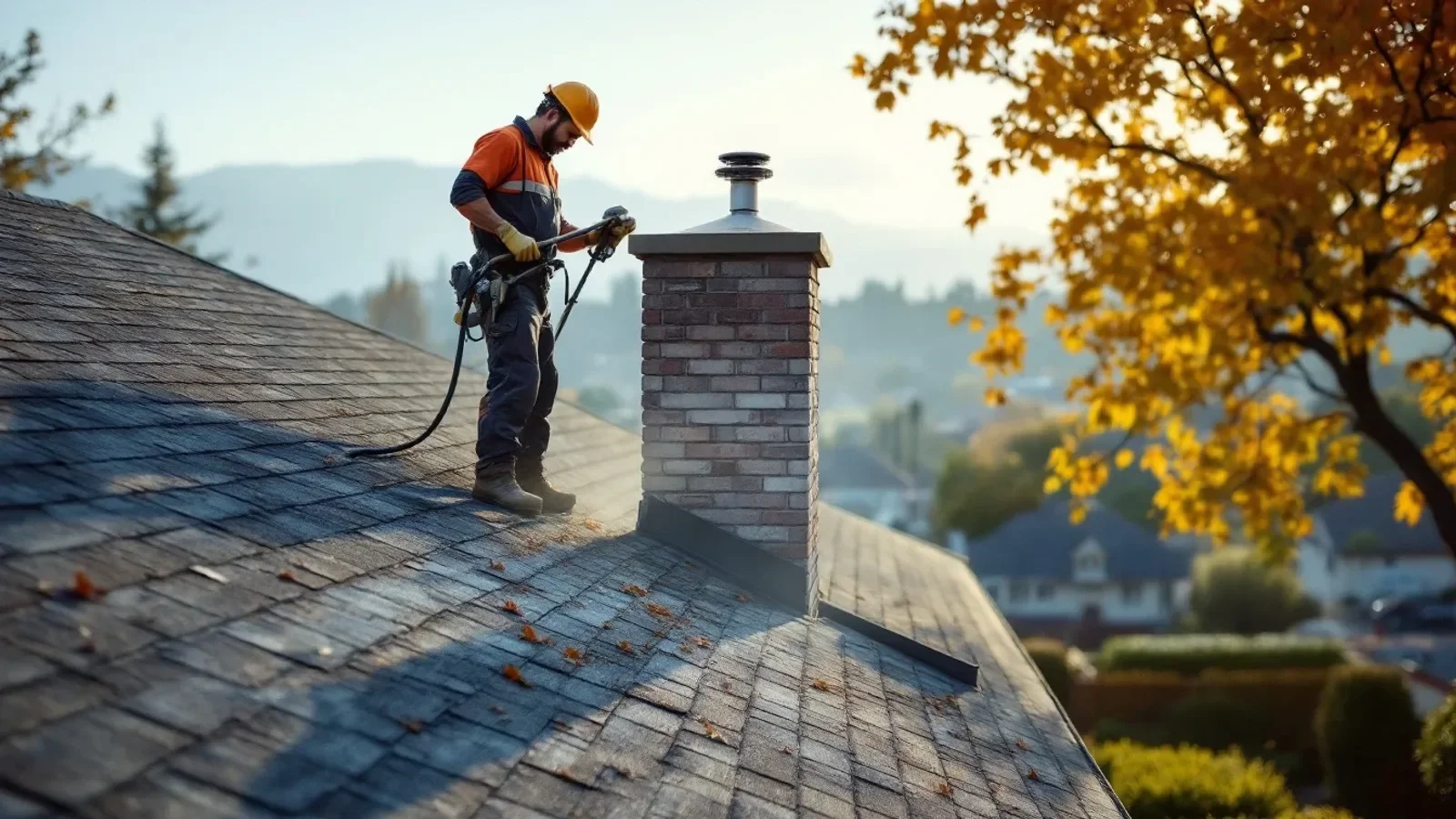 Professional roofer cleaning and maintaining asphalt shingles on residential roof with mountain backdrop.