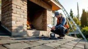 Chimney inspector documenting fireplace inspection with thermal imaging camera on rooftop.