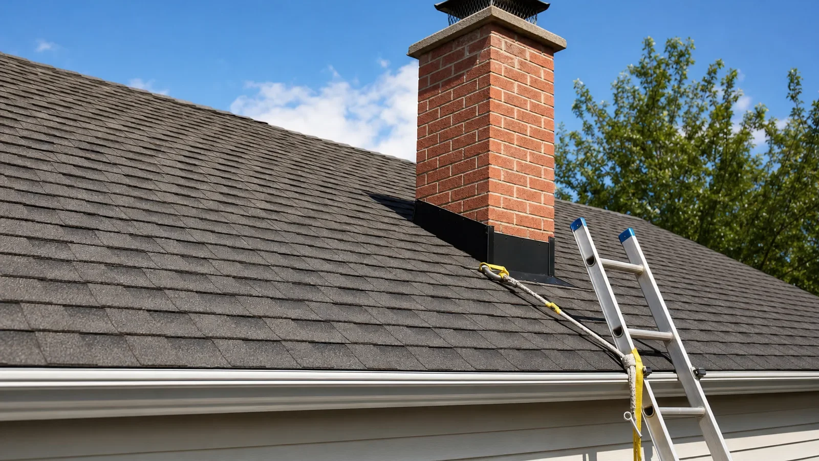 Ladder leaning against residential roof with brick chimney and asphalt shingles.
