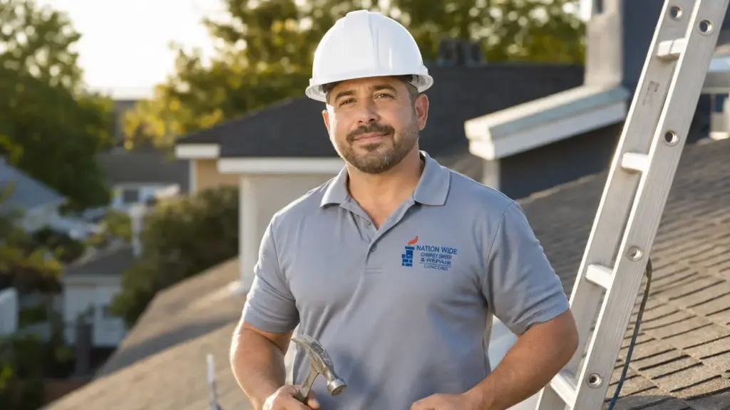 Professional chimney sweep technician on residential roof with tools and safety equipment.