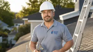 Professional chimney sweep technician on residential roof with tools and safety equipment.