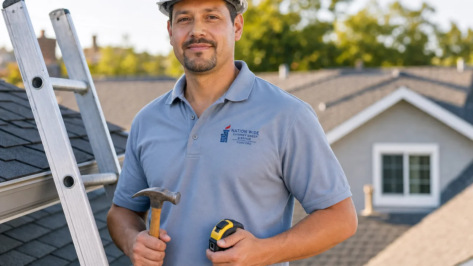 Professional chimney sweep technician on residential rooftop with tools and ladder.