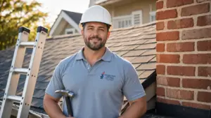 Professional chimney sweep technician on residential rooftop with tools and ladder.