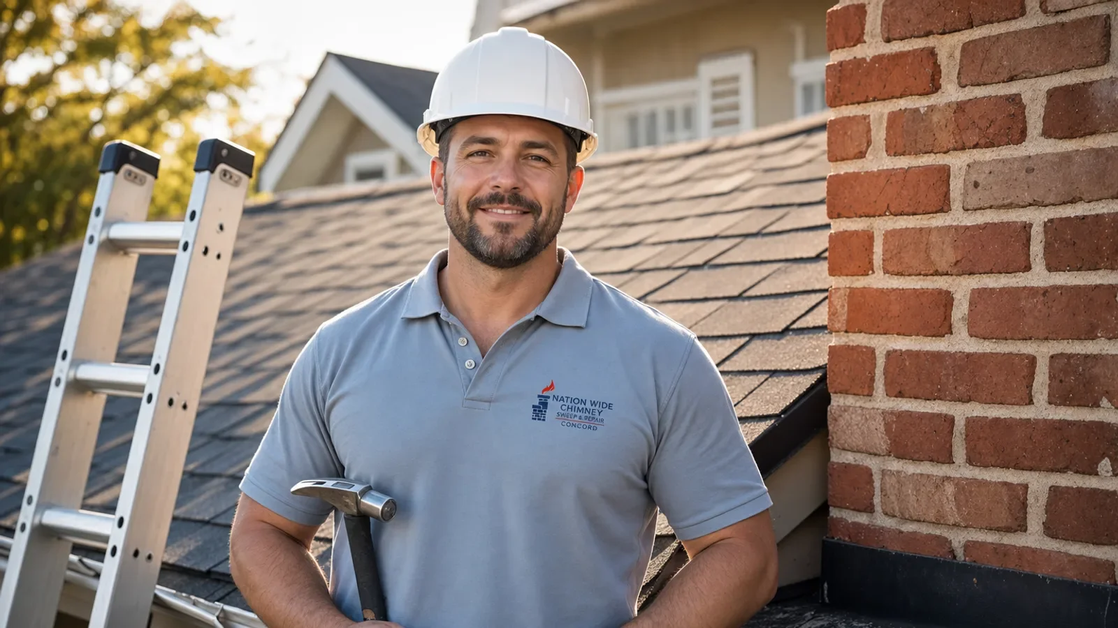 Professional chimney sweep technician on residential rooftop with tools and ladder.
