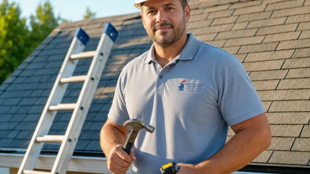 Professional roofer holding hammer on residential roof with ladder and shingles visible.