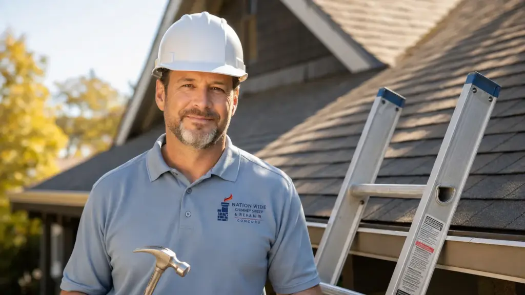 Professional chimney sweep technician poses with tools on residential roof.