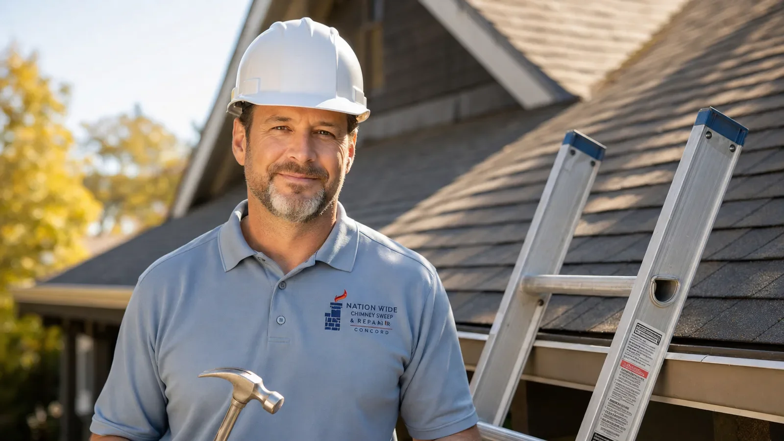 Professional chimney sweep technician poses with tools on residential roof.
