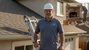 Professional contractor with hard hat holding ladder on residential roofing job site.