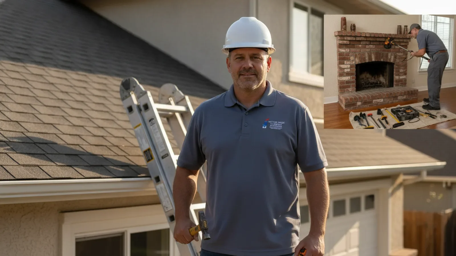 Professional contractor with hard hat holding ladder on residential roofing job site.