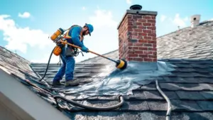 Professional worker cleaning roof with high-pressure equipment near brick chimney.