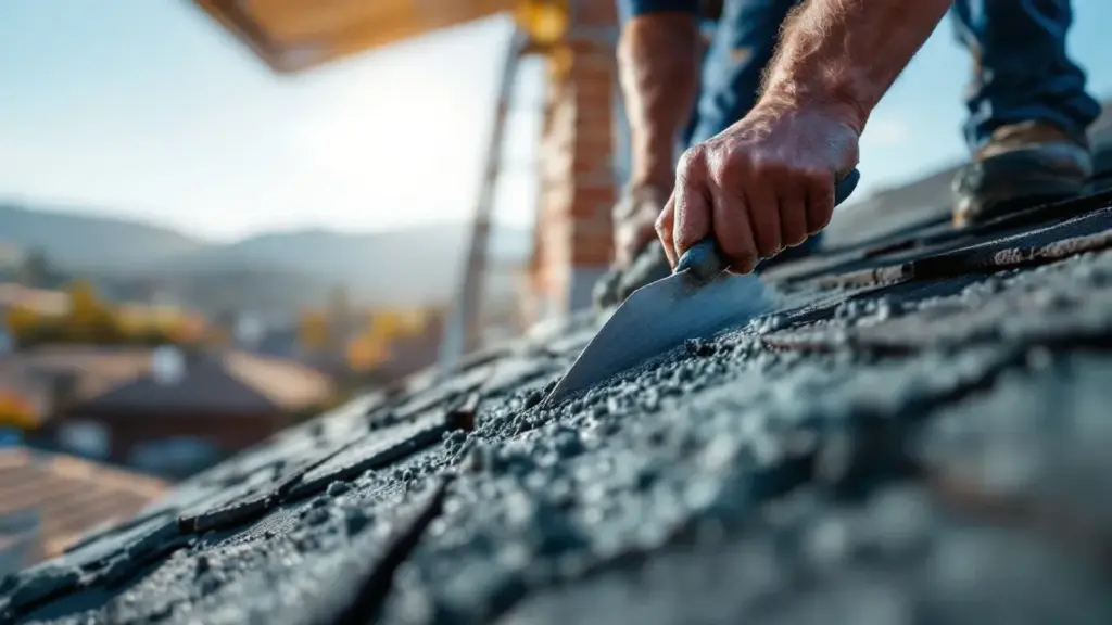 Construction worker using trowel to spread concrete on roofing project with mountain landscape backdrop.
