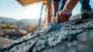 Construction worker using trowel to spread concrete on roofing project with mountain landscape backdrop.