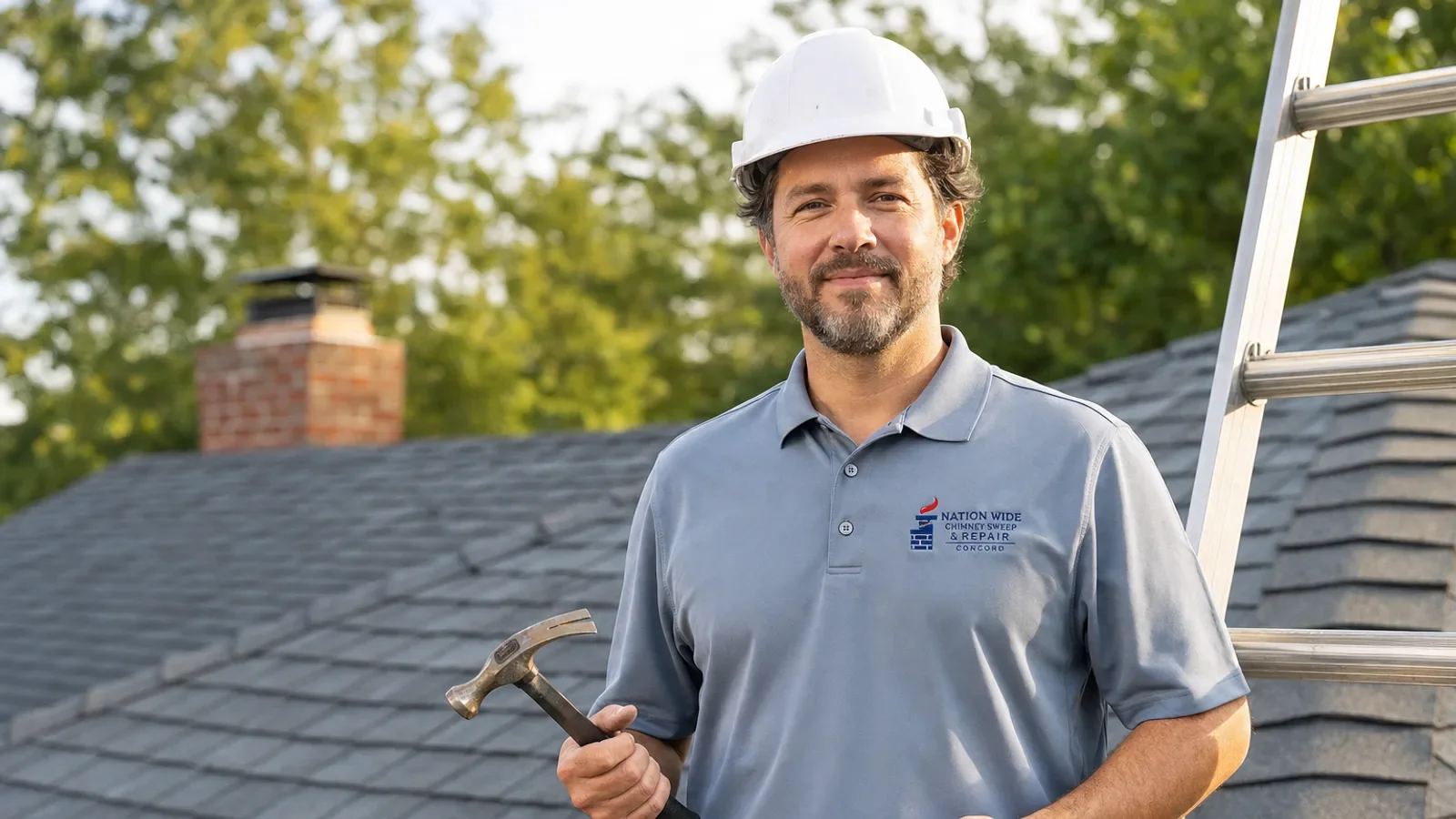 Professional chimney sweep technician on residential rooftop with tools and safety equipment.
