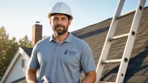 Professional chimney sweep and repair technician on residential rooftop with ladder.