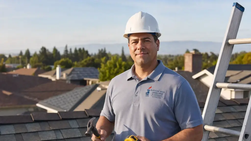 Professional chimney sweep on residential rooftop with tools and safety equipment.