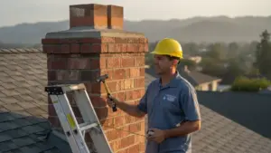 Chimney inspector examines brick chimney on residential roof with tool and safety gear.
