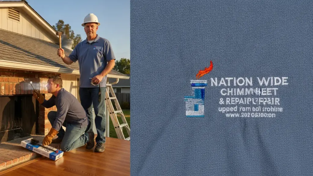 Two chimney professionals inspect roofline during residential maintenance service.