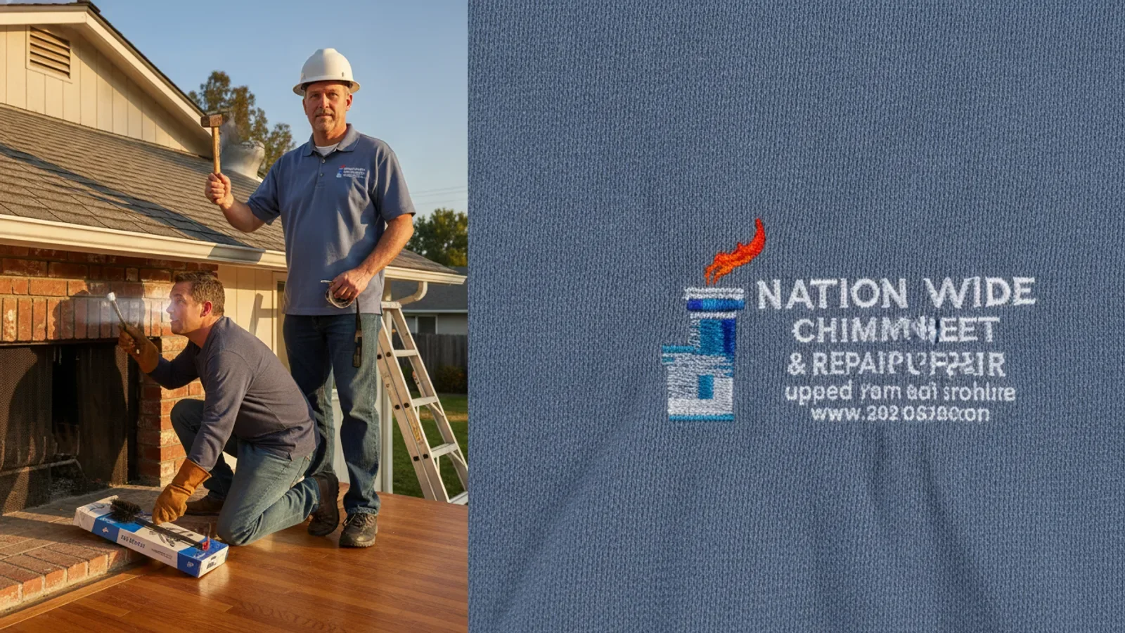 Two chimney professionals inspect roofline during residential maintenance service.