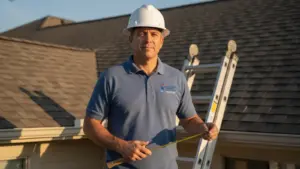 Professional roofer in hard hat poses on residential roof with ladder and measuring tape.