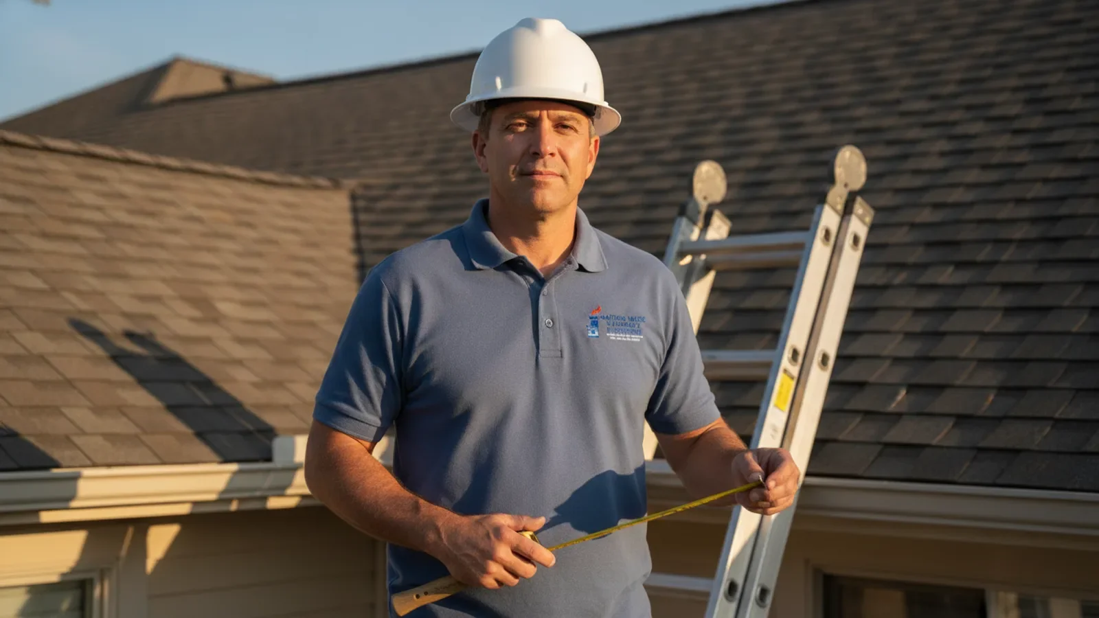 Professional roofer in hard hat poses on residential roof with ladder and measuring tape.