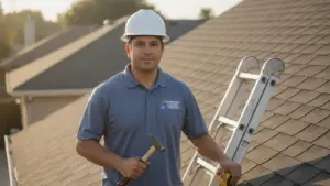 Professional roofer on residential roof with ladder and tools during daytime inspection.