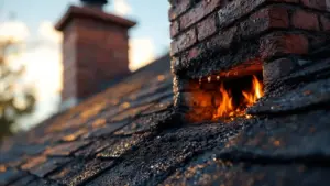 A close-up, photorealistic shot of dark, flaky creosote mixed with visible moisture droplets on the interior brick wall