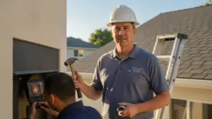 Contractor demonstrates chimney inspection with thermal imaging equipment on residential roofline.