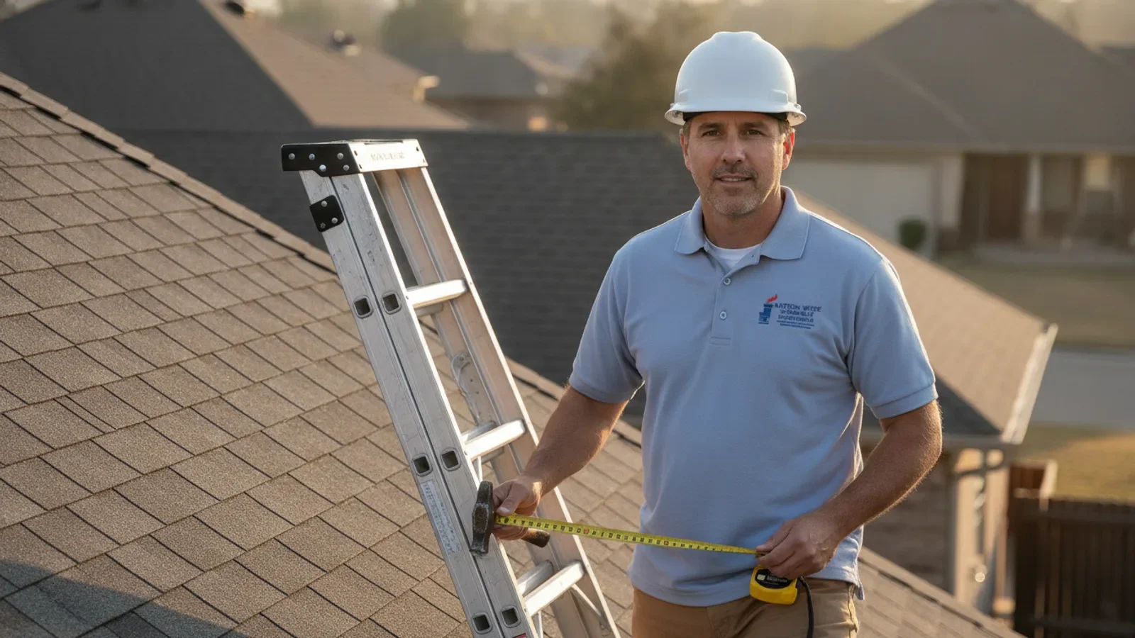 Roofing contractor on residential roof with ladder and measuring tape during inspection.
