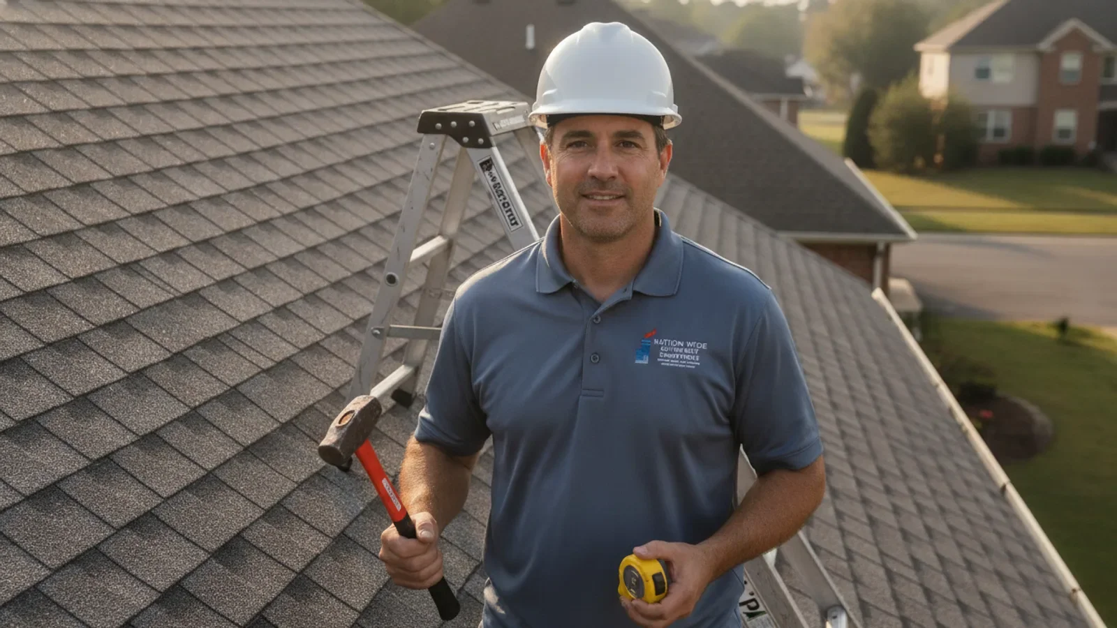 Professional roofer on residential rooftop with tools and safety equipment.