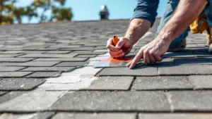 Roofer inspecting and marking damaged asphalt shingles during roof inspection.