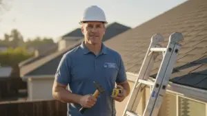 Roofing contractor on residential roof with ladder and tools at sunset.