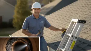Roofing contractor inspects residential roof with ladder and measurement tools.