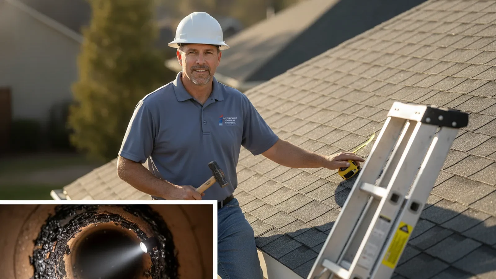 Roofing contractor inspects residential roof with ladder and measurement tools.
