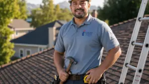Professional chimney sweep technician on residential rooftop with tools and ladder.