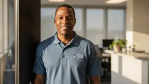 Professional service worker smiling in modern office environment with natural lighting.